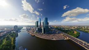 Россия, Москва, река, мост, небоскрёбы, с высоты