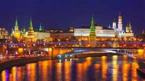 Россия, Москва, Кремль, река, мост, вечер, ночной город