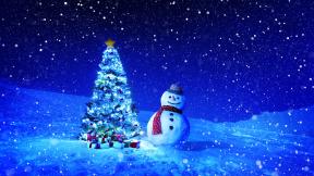 новый год, снеговик, подарок, снег, ель, гирлянда, рисунок