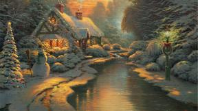 новый год, ель, фонарь, дом, рисунок, гирлянда, река, снег, зима, снеговик