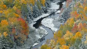 осень, снег, первый снег, река, лес