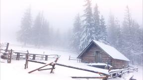 зима, снег, лес, туман, дом, зимний лес