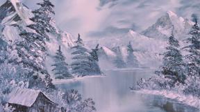 зима, снег, озеро, горы, дом, рисунок
