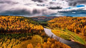 осень, холмы, река, лес, облака