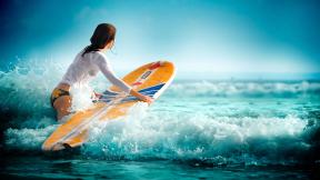 море, волны, девушка, серфинг