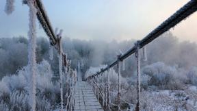 зима, мост, снег, лес, зимний лес