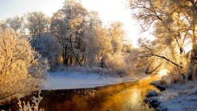 зима, река, снег, лес, закат, зимний лес