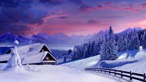зима, дом, забор, горы, снег, лес, зимний лес