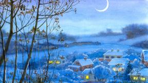 зима, снег, дом, рисунок, Луна