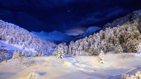 зима, ночь, снег, лес, горы, зимний лес