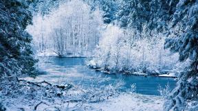 зима, река, снег, лес, зимний лес