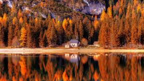 осень, лес, скалы, озеро, дом, отражение