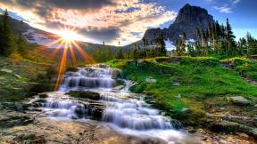 солнце, лучи, горы, водопад