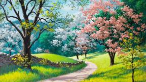 весна, дорога, рисунок, цветы, деревья