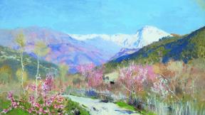 весна, горы, цветы, рисунок