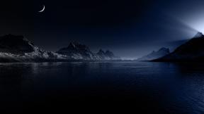 ночь, Луна, озеро, горы