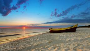 море, солнце, закат, пляж, берег, песок, лодка