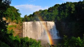 водопад, радуга, лес