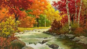 осень, река, рисунок