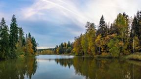 озеро, осень, лес, отражение