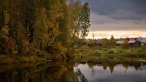 осень, озеро, деревья, дом, отражение