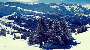 горы, снег, лес, зимний лес, зима, заснеженные горы