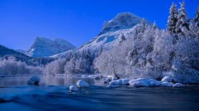 зима, снег, горы, река