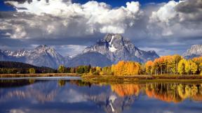 осень, горы, озеро, облака, отражение
