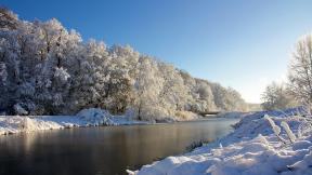 зима, снег, река, лес, мост, зимний лес