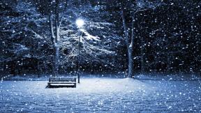 зима, снег, снегопад, фонарь, вечер, скамейка